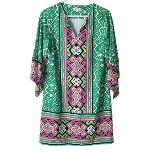 Crown & Ivy Women's Green/Pink Geometric Print Shift Dress 3/4 Sleeves Size 4P
